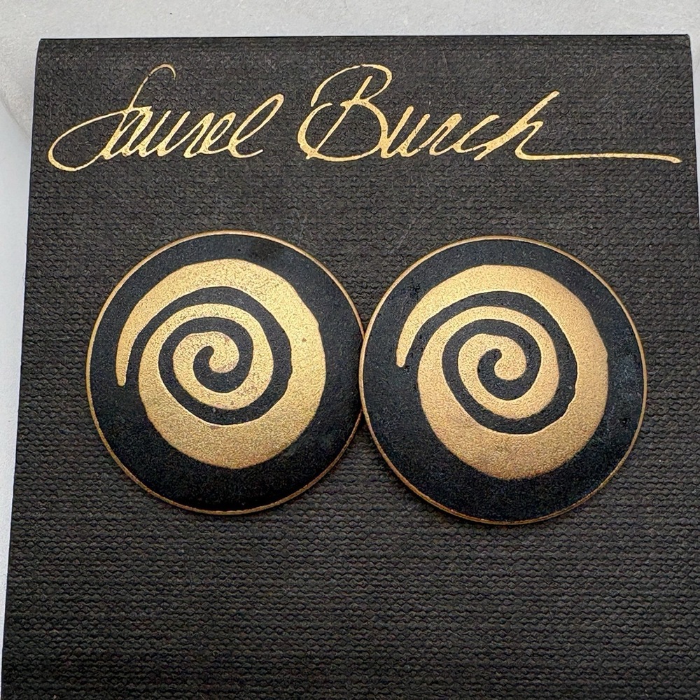 Vintage Laurel Burch Earrings Disc "Eternity" Black Spiral Gold Tone NEW